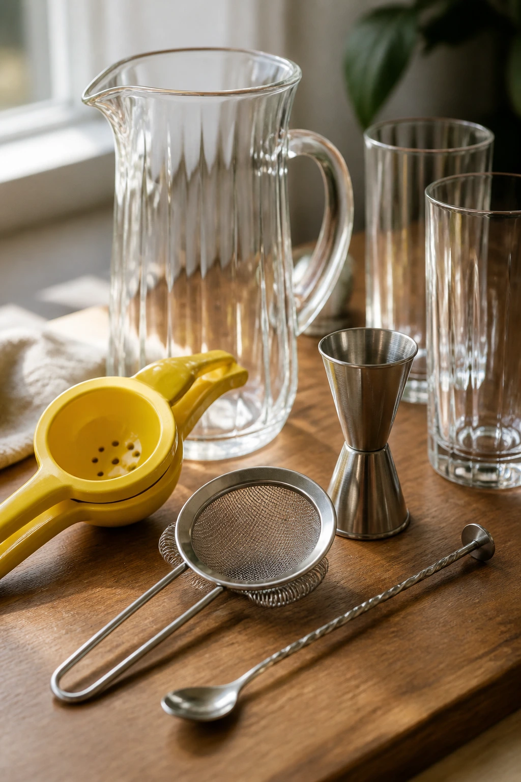 Set of cocktail tools organized for lemonade pitcher