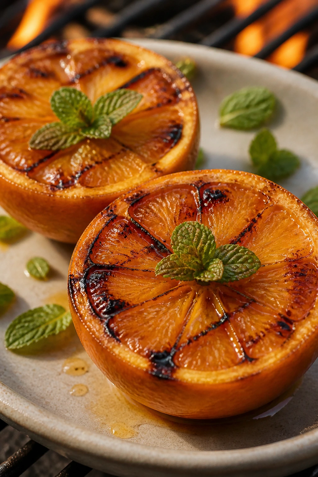 Grilled citrus halves with maple and mint