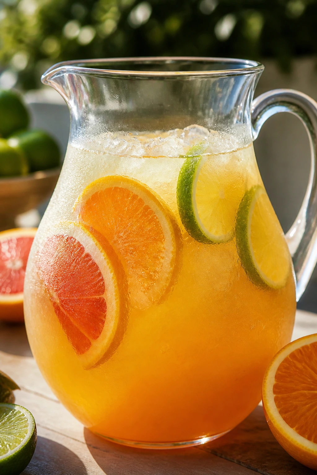 Pitcher of citrus margarita with condensation on the pitcher