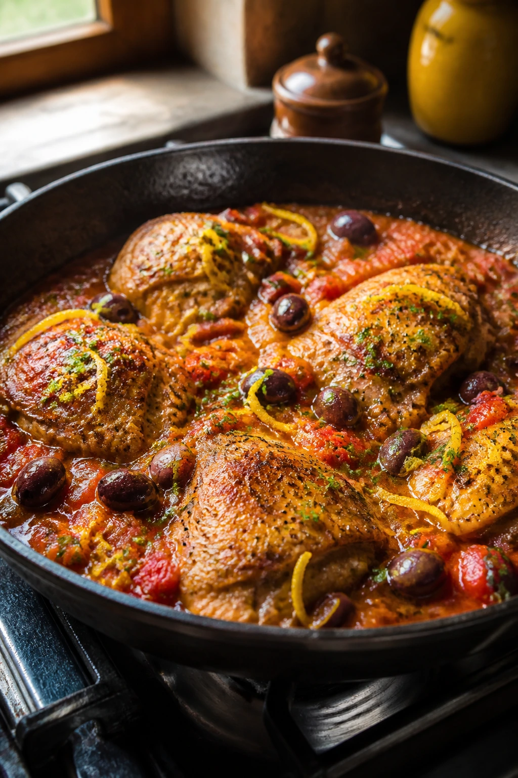 Skillet with chicken braising in tomato-olive sauce with olives and citrus