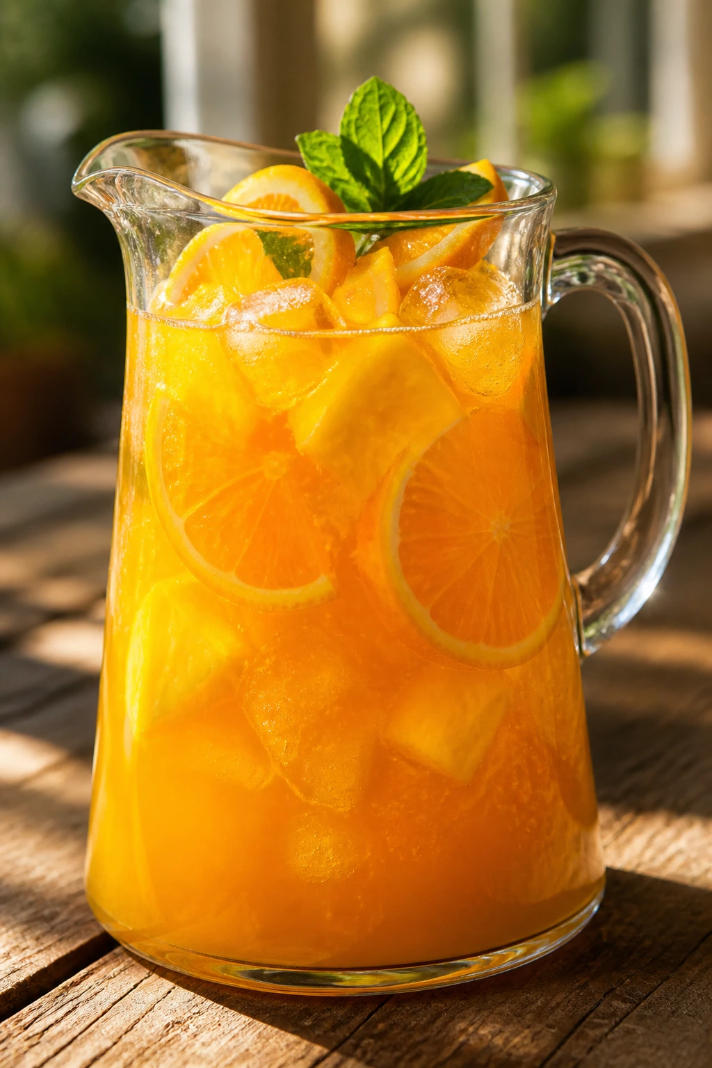 Pitcher of citrus sunrise punch with orange juice and pineapple juice