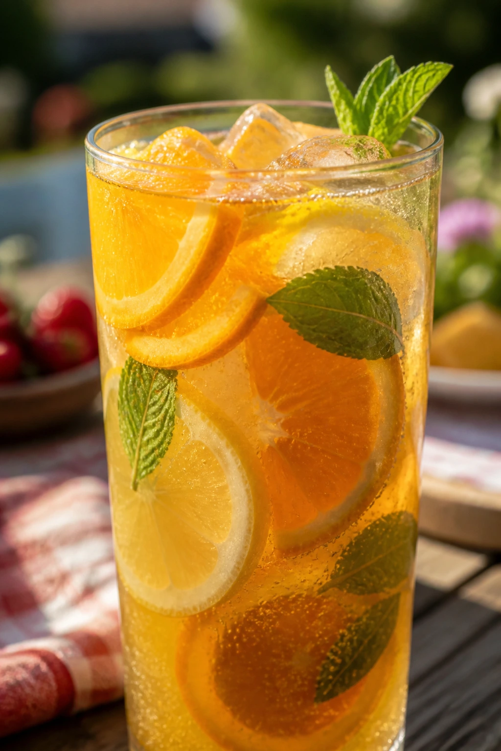 Tall glass with citrus-forward punch on sunny picnic table