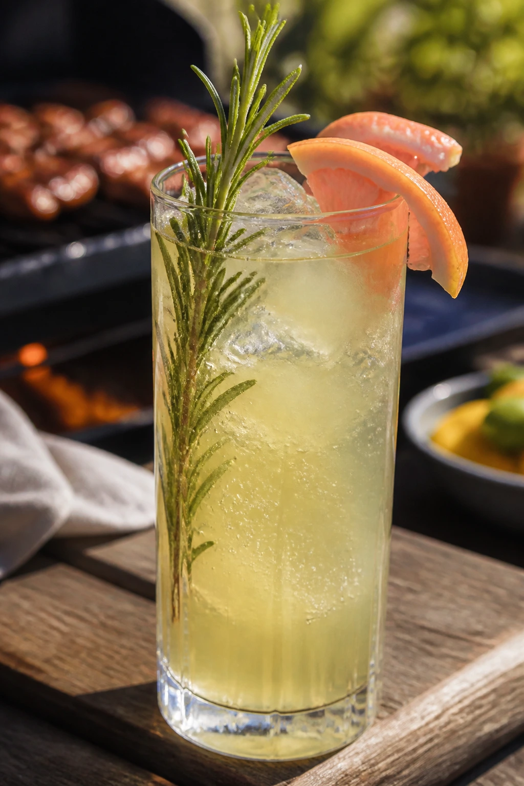 Highball glass of citrus rosemary gin fizz with rosemary sprig