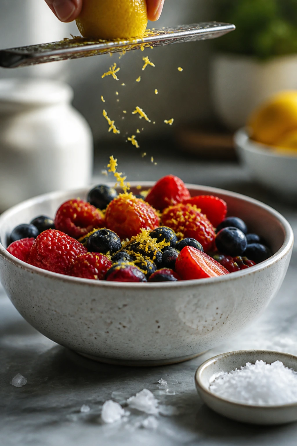 Lemon zest over fresh berries in a bowl