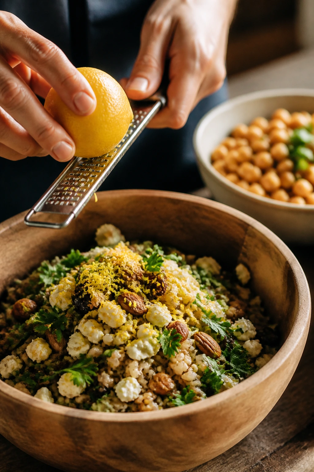 Hands zesting citrus over grain salad to brighten flavor