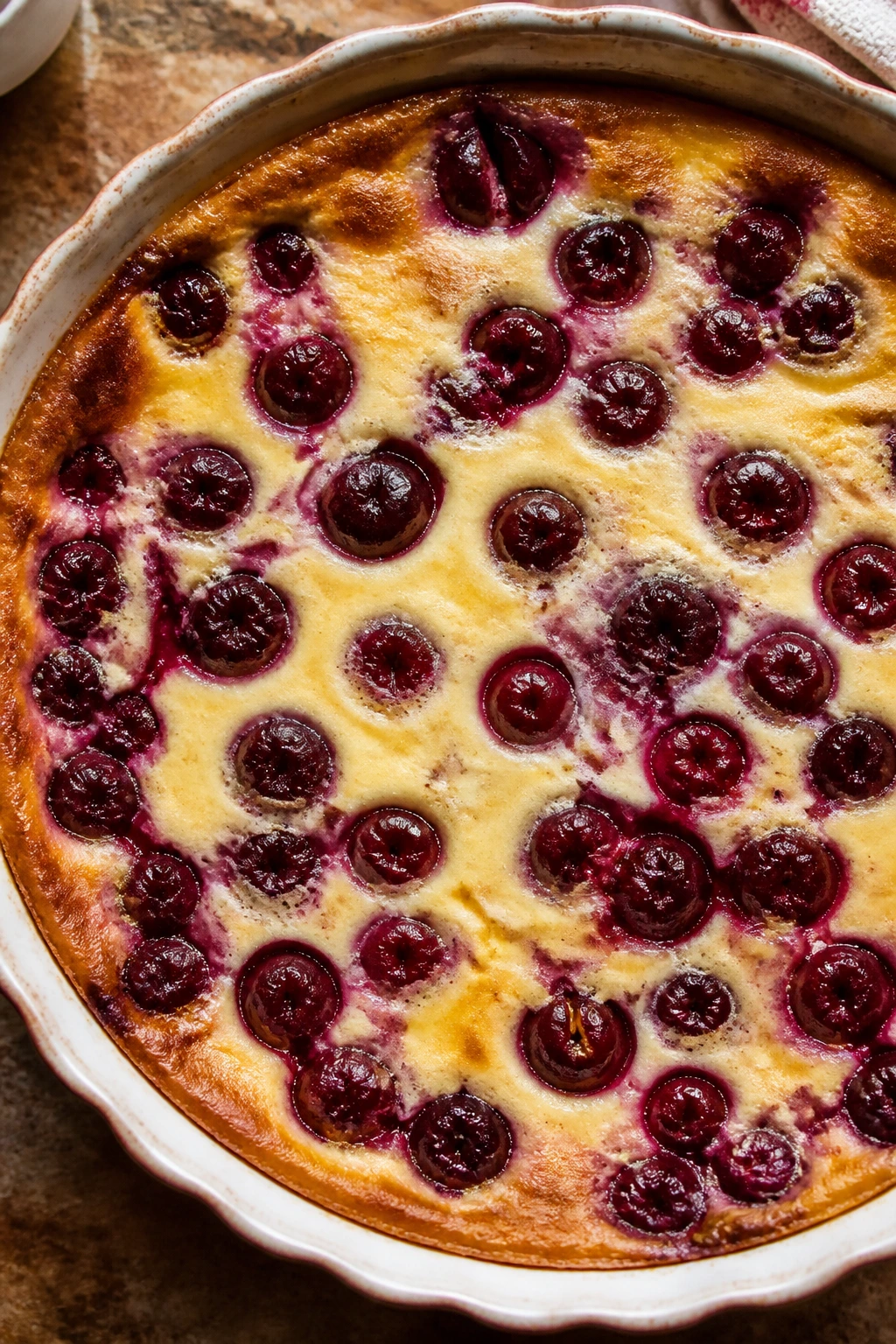 Close-up of sour cherry clafoutis in a pie dish with puffed custard and cherries