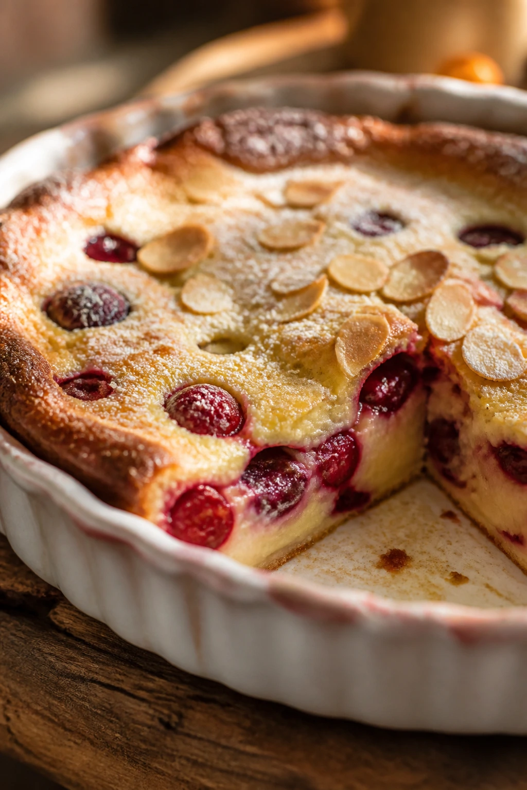Close-up of cherry almond clafoutis wedge with cherries in custard