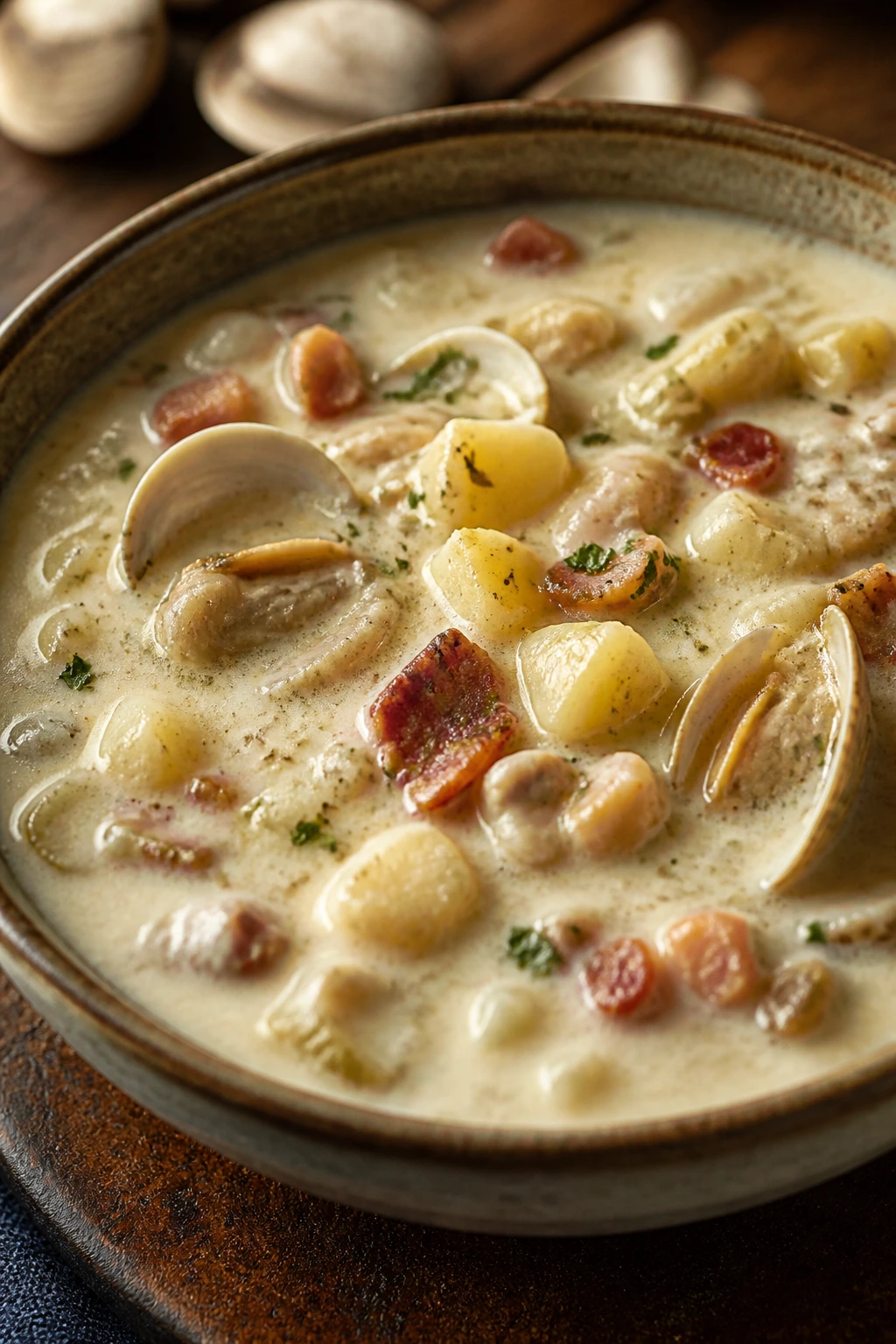 Creamy clam chowder with potatoes and bacon in a bowl