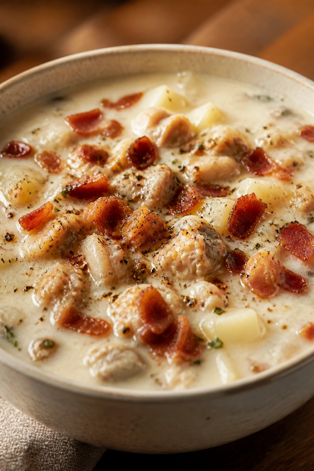 Close-up of creamy clam chowder with bacon and potatoes in a cozy kitchen
