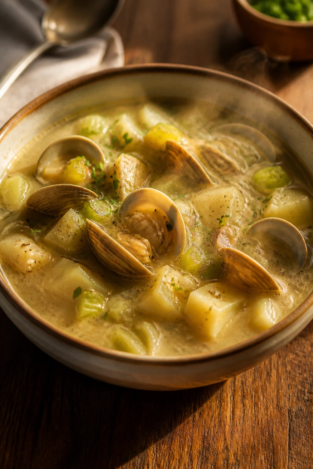 Close-up of Weeknight Clam and Celery Chowder in a rustic bowl with potatoes, celery, and clams