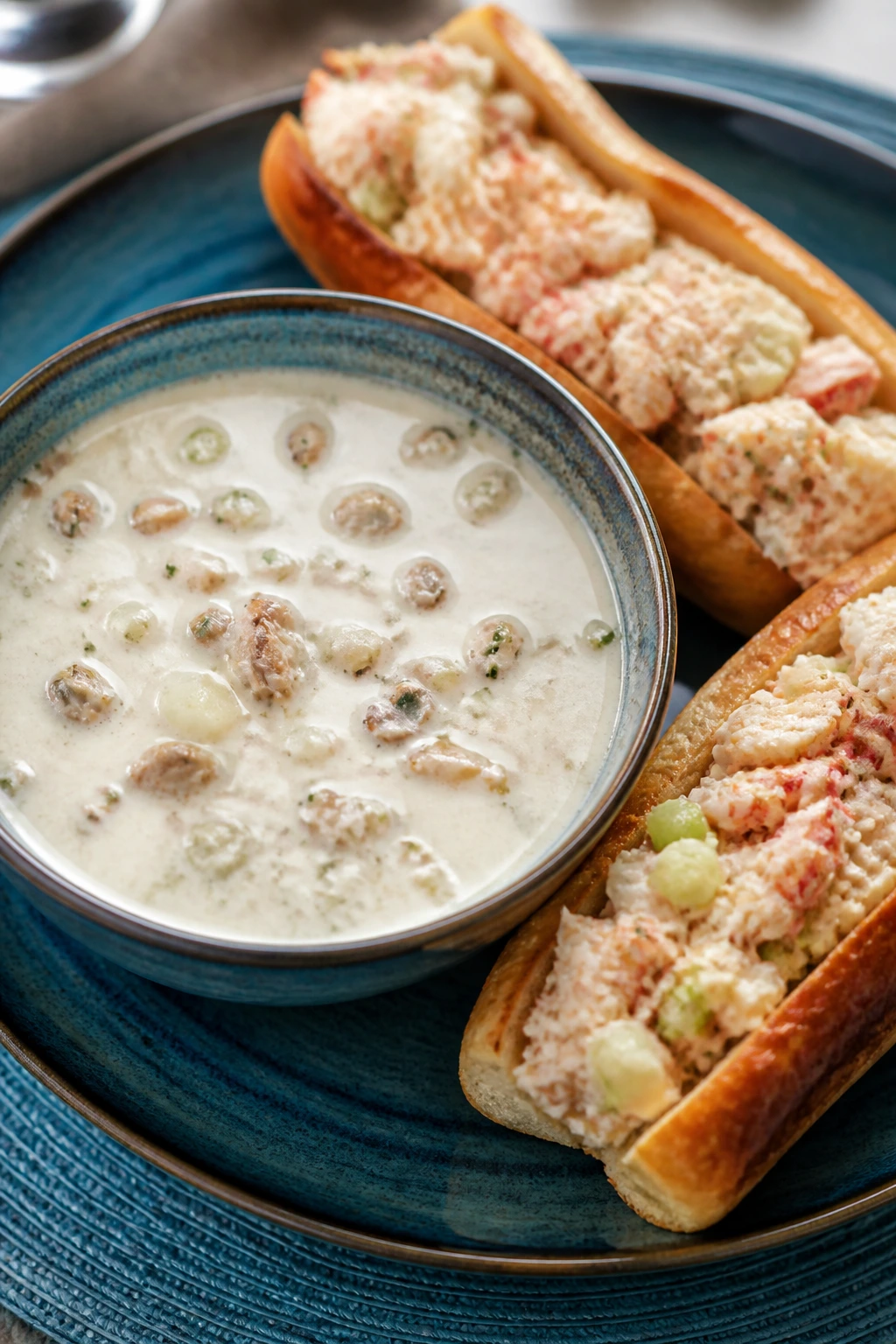 Close-up of clam chowder with crab salad rolls on a plate