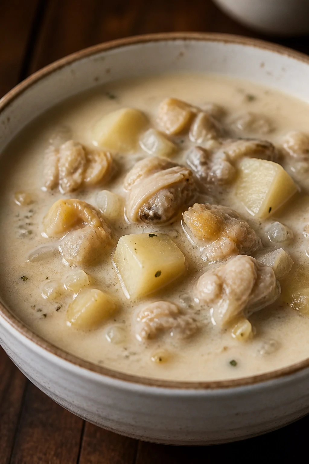 Close-up of creamy New England clam chowder in a rustic bowl with potato and clam chunks