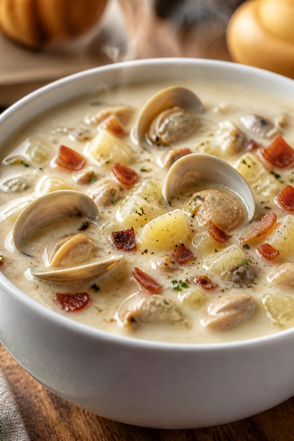 Close-up of creamy clam chowder in a bowl with potatoes and bacon