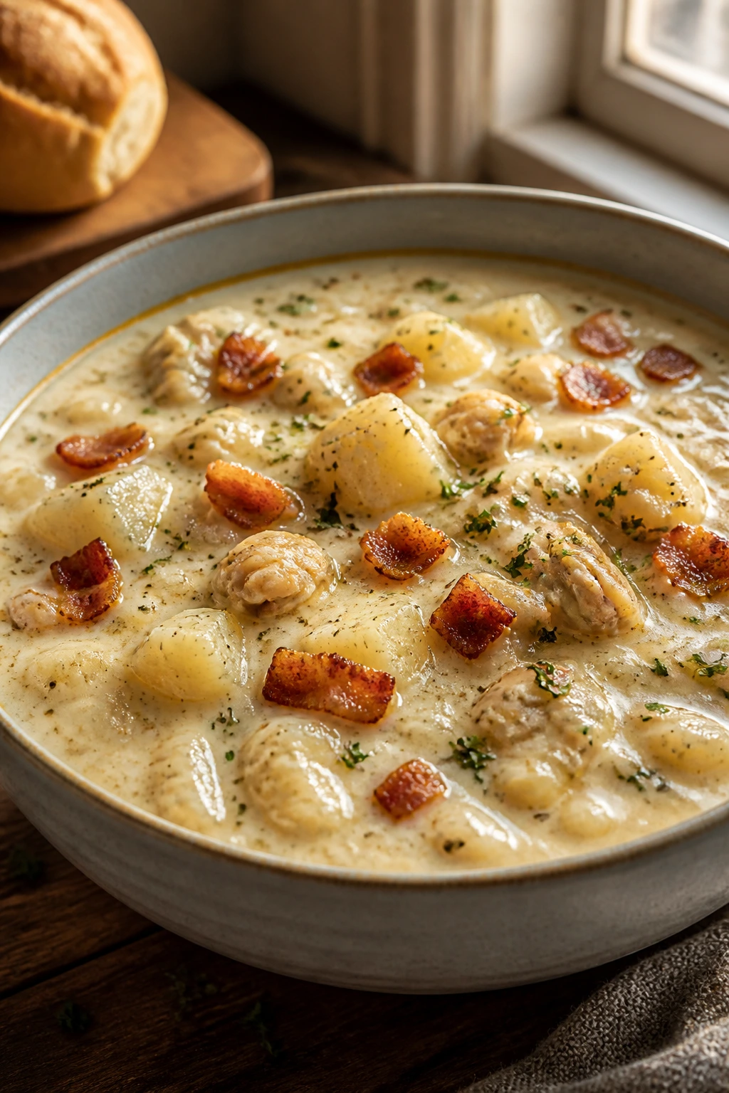 Creamy New England clam chowder in a bowl with potatoes and clams