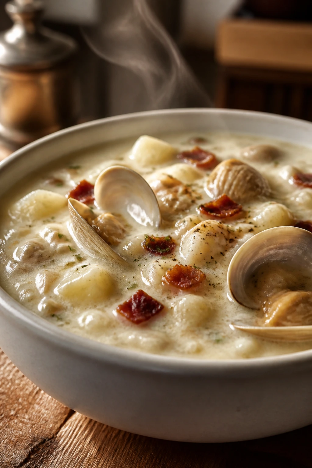 Creamy clam chowder in a bowl with potatoes and clams on a rustic wooden table