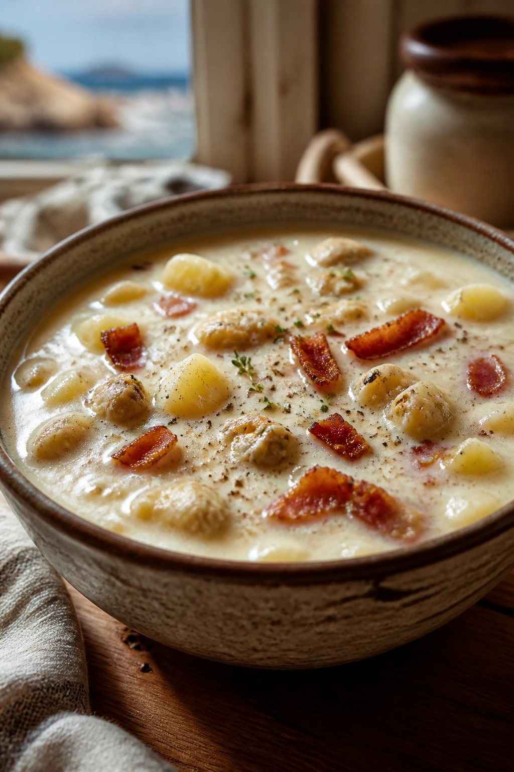 Creamy clam chowder with potatoes and clams in a rustic bowl