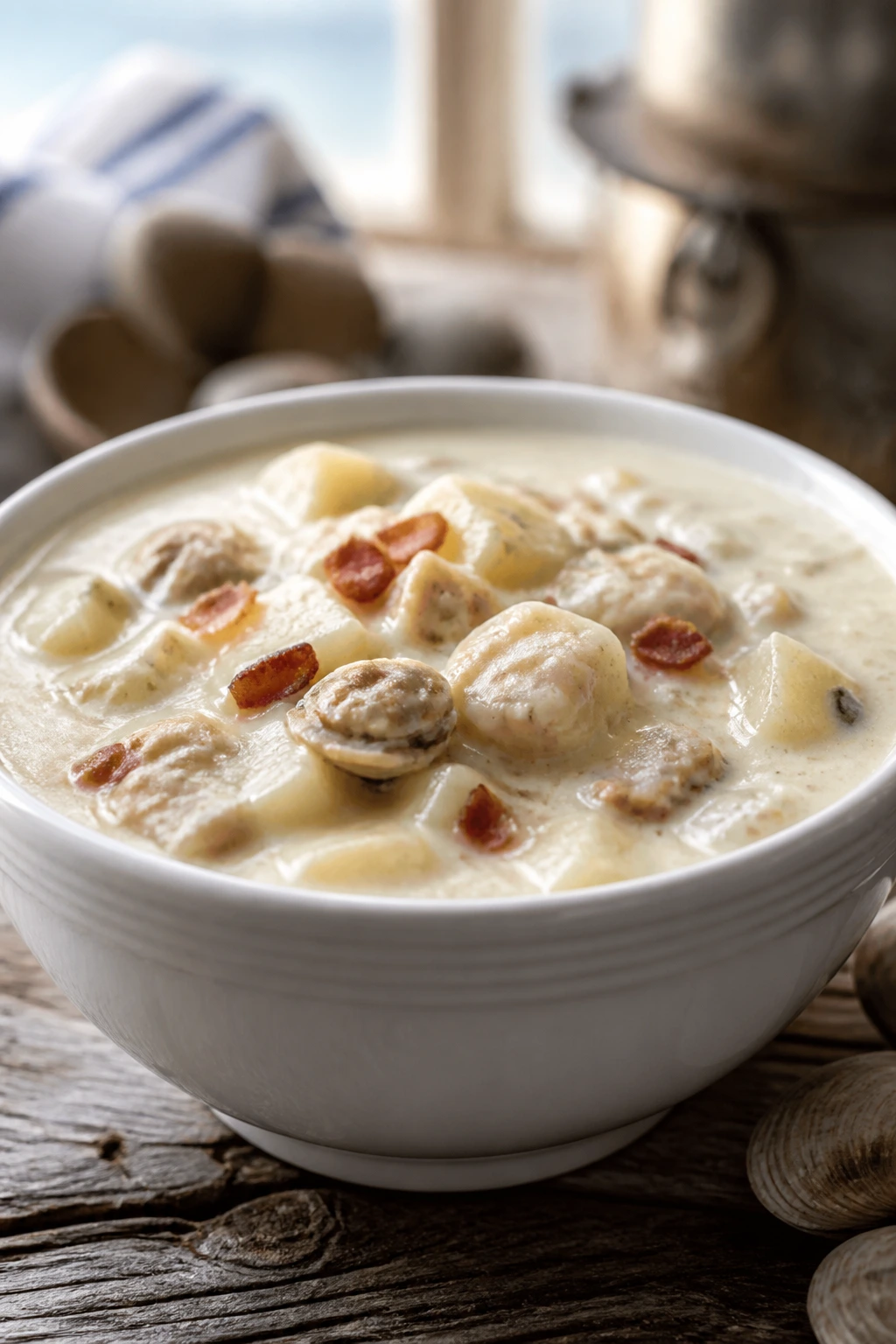 Creamy clam chowder with potatoes and clams in a bowl