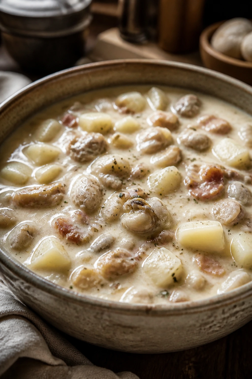 Creamy clam chowder with potatoes in a rustic kitchen bowl