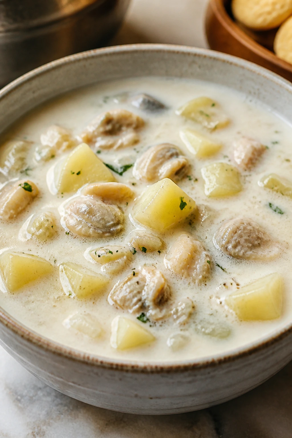 Creamy clam chowder with potatoes and clams in a bowl
