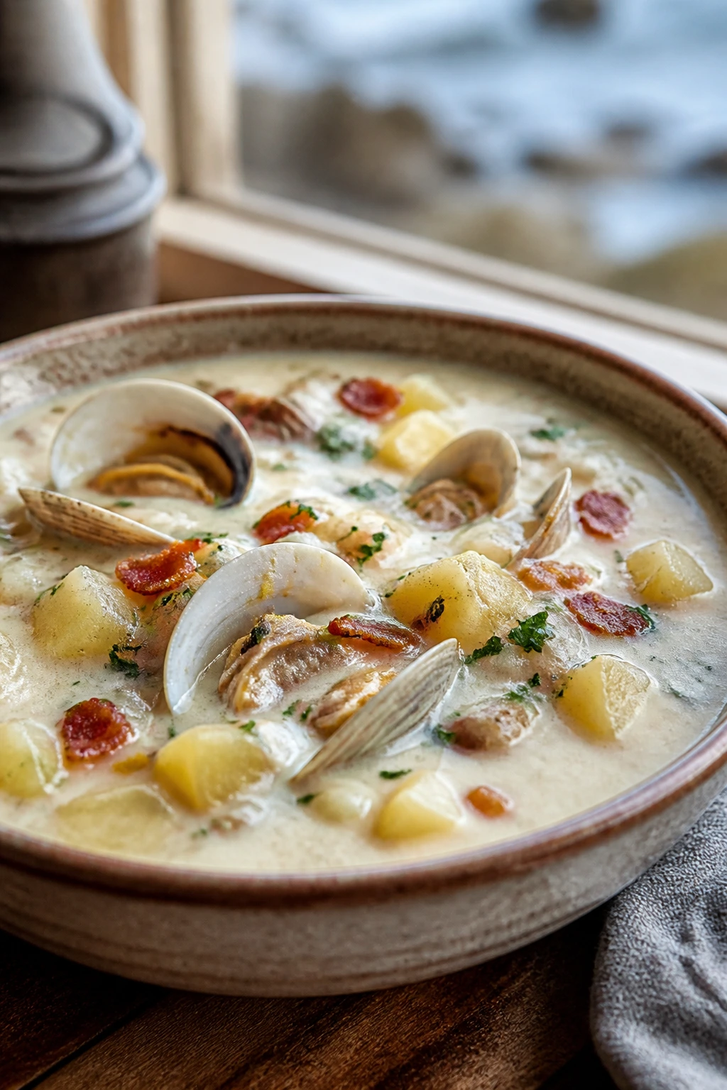 Creamy clam chowder with potatoes and clams in a bowl