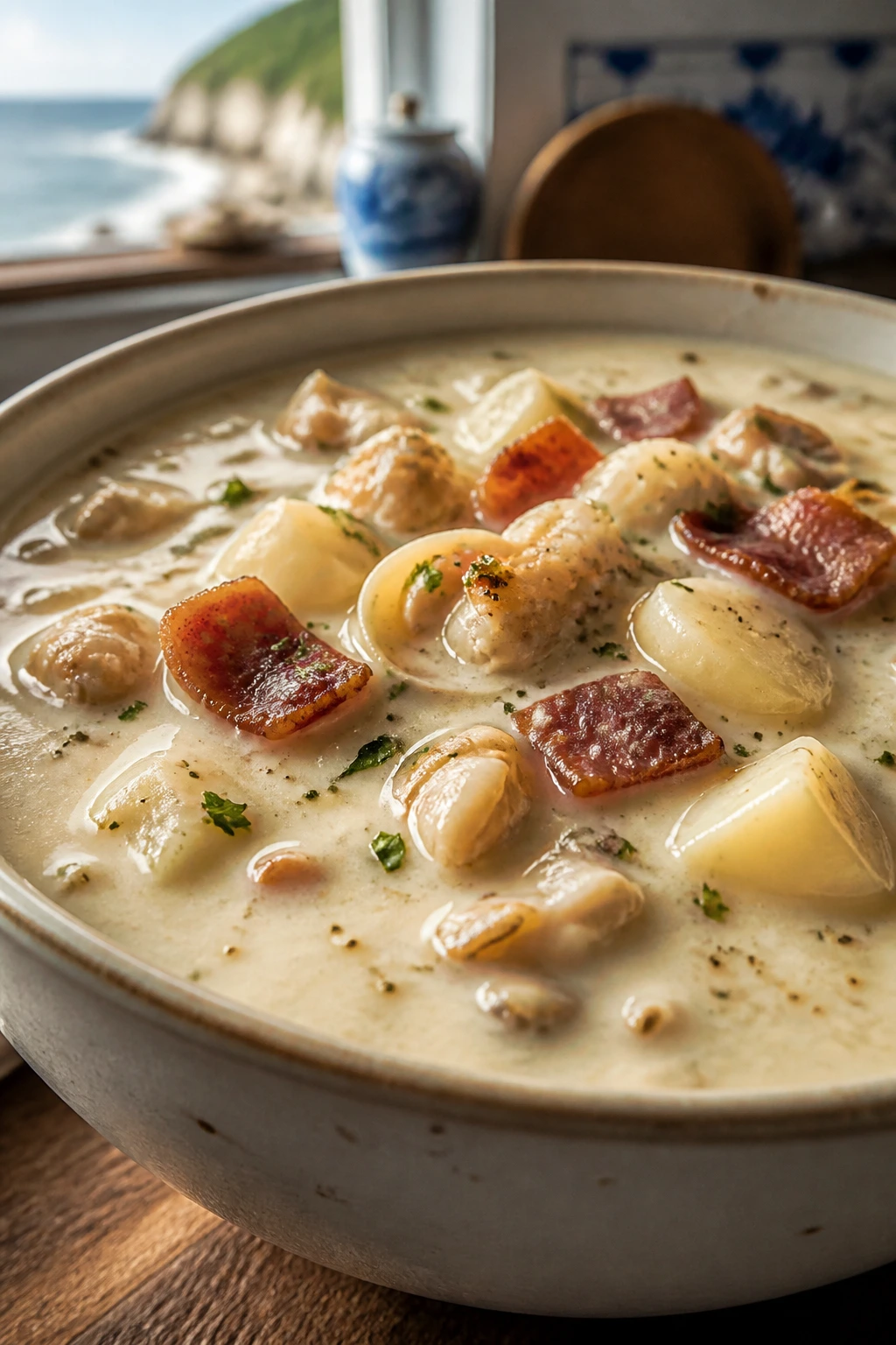 Close-up of creamy New England clam chowder in a bowl