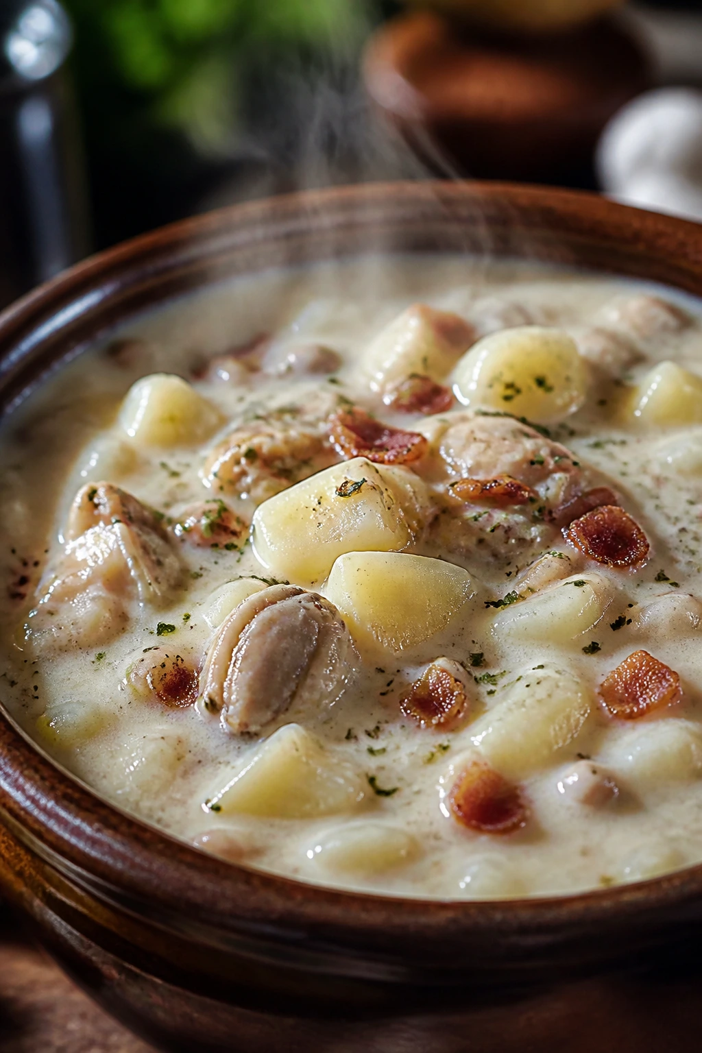 Creamy New England clam chowder with potatoes and clams