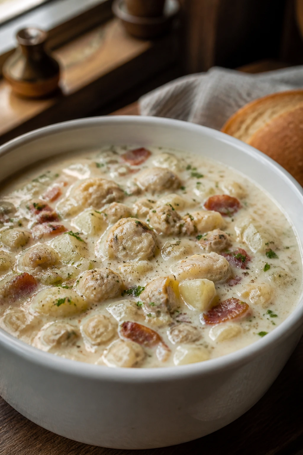 Creamy clam chowder with potatoes and clams in a bowl on a cozy kitchen table
