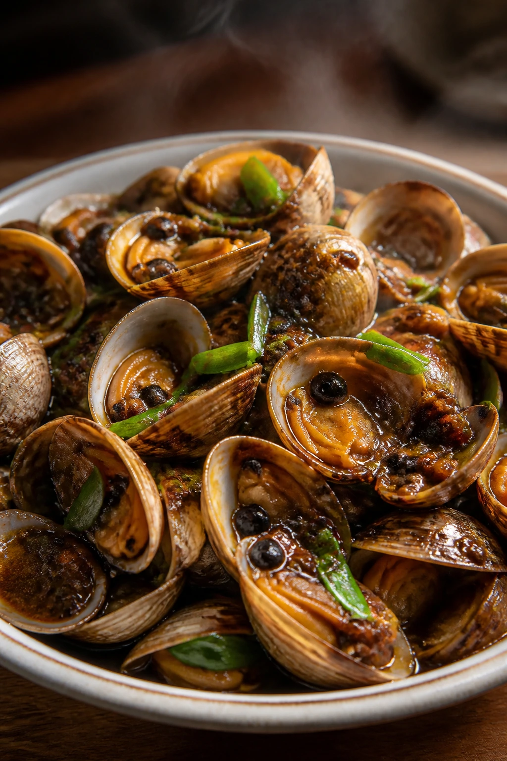 Open clams in black bean sauce in a shallow bowl