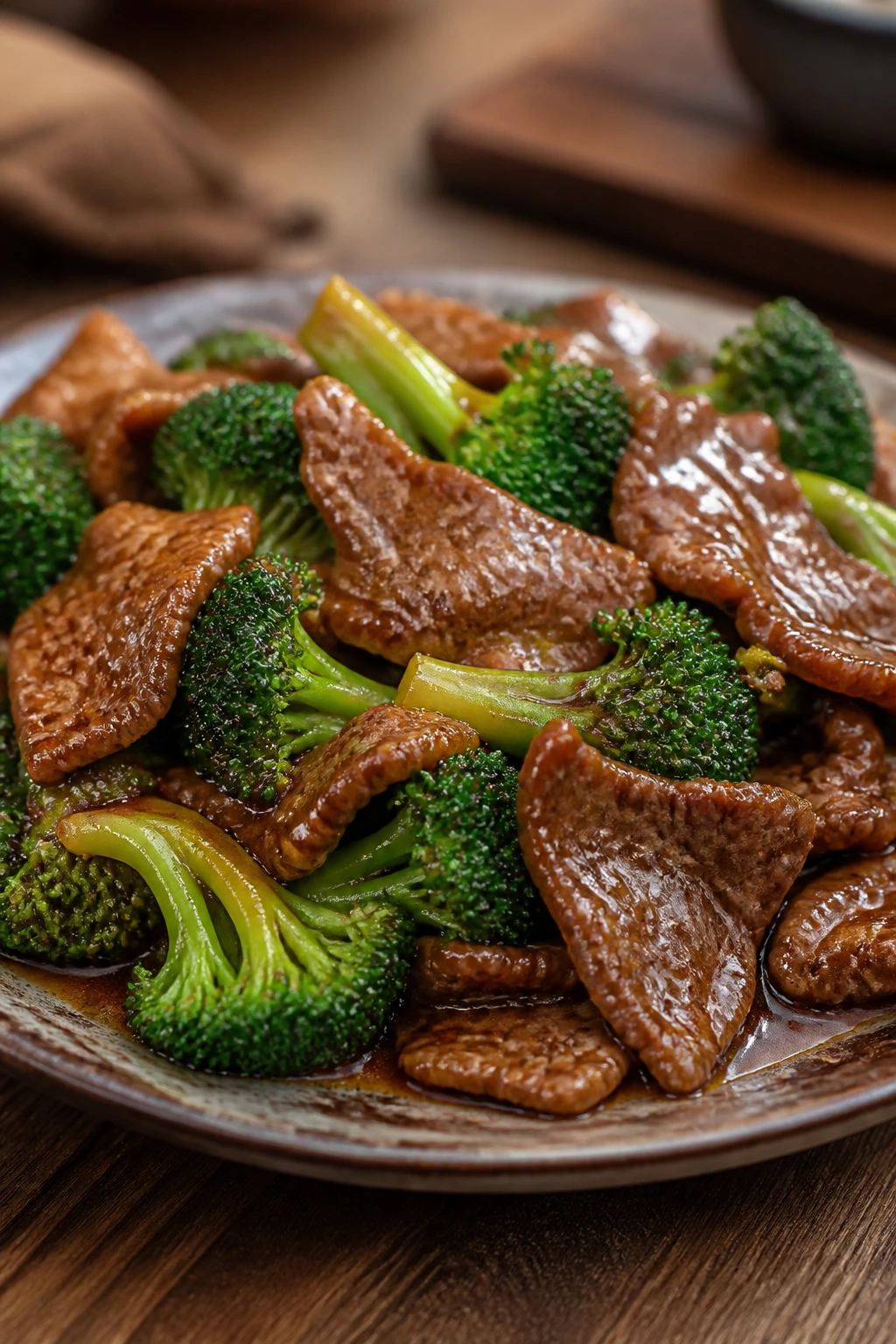 Classic beef broccoli plated with glossy sauce in kitchen