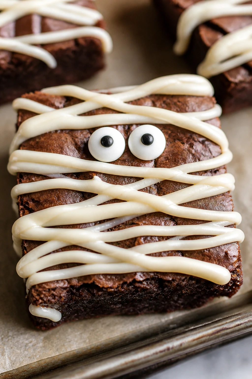 Dense boxed-mix mummy brownie with bandage drizzle on parchment in a warm kitchen