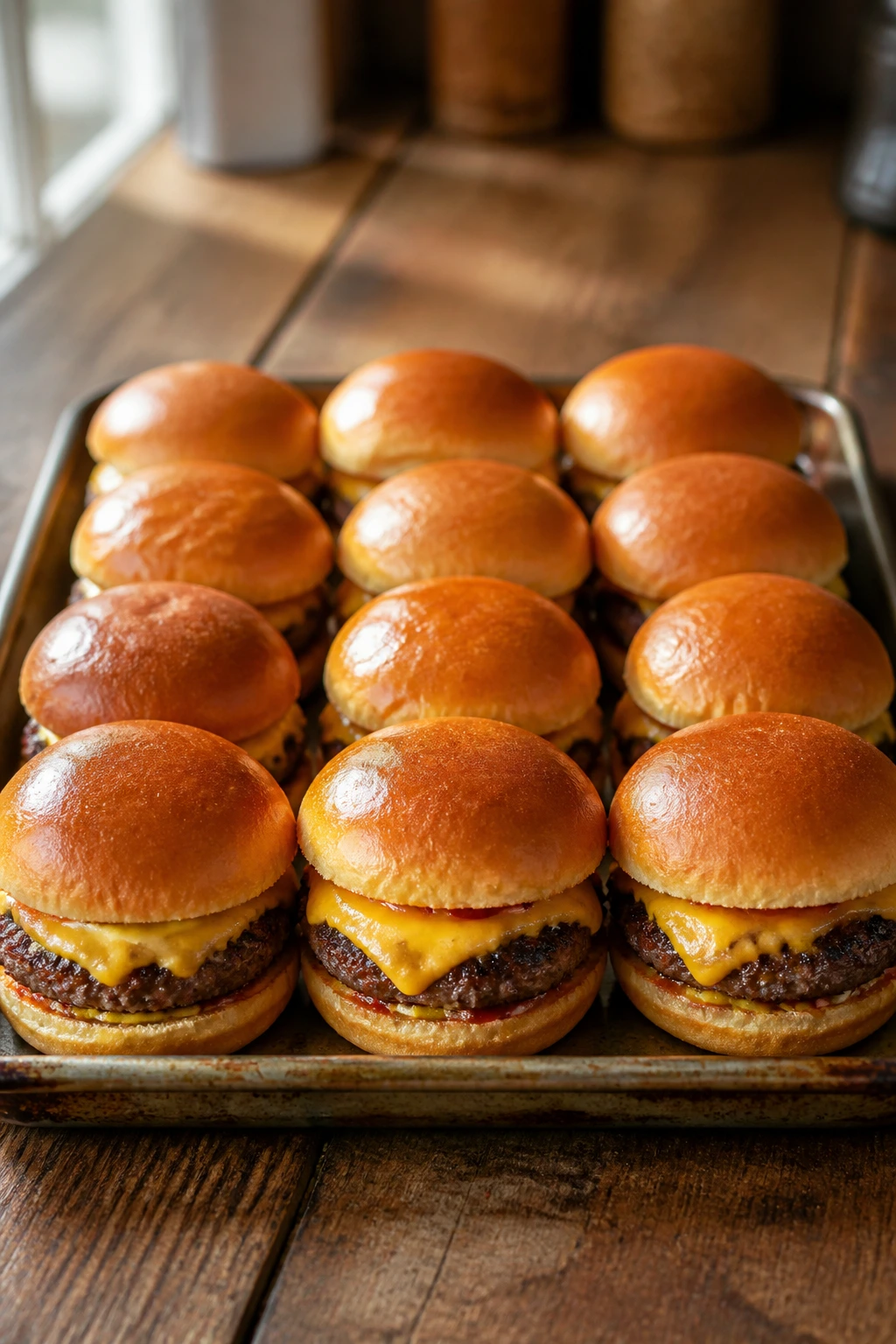 Classic cheeseburger sliders with melted cheese on a wooden counter