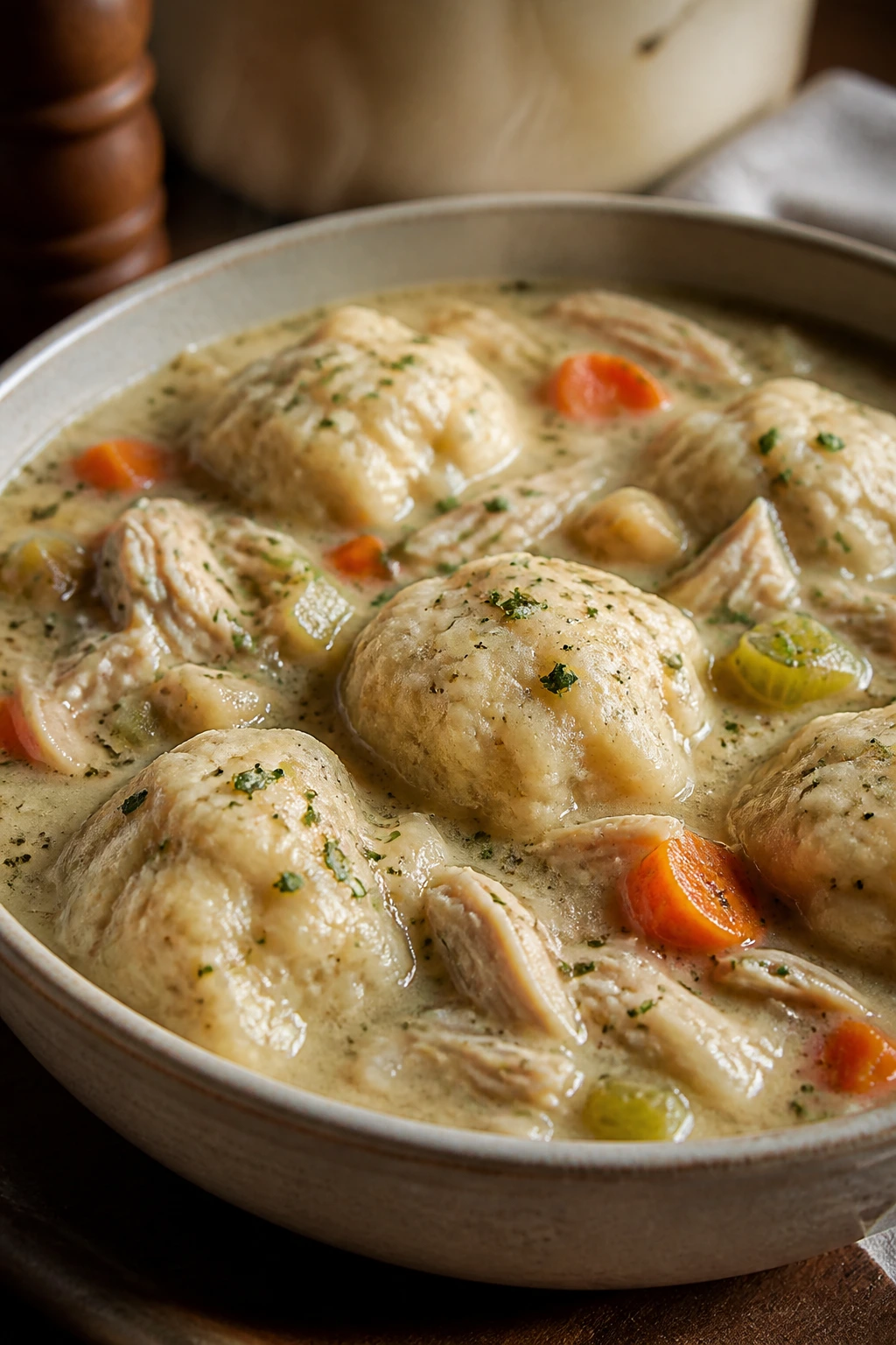 Close-up of creamy chicken and herb dumplings in a bowl