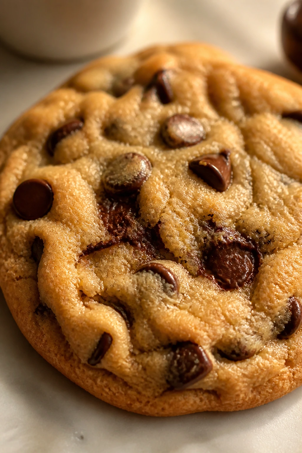 Close-up of a classic chocolate chip cookie with golden edges