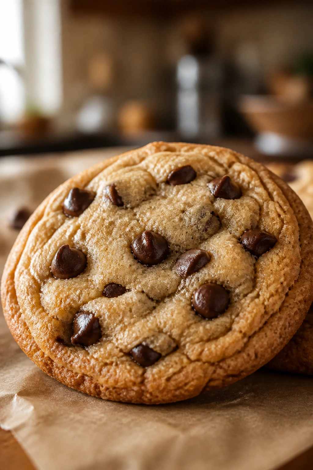 Close-up of a classic chocolate chip cookie with crisp edges and soft center
