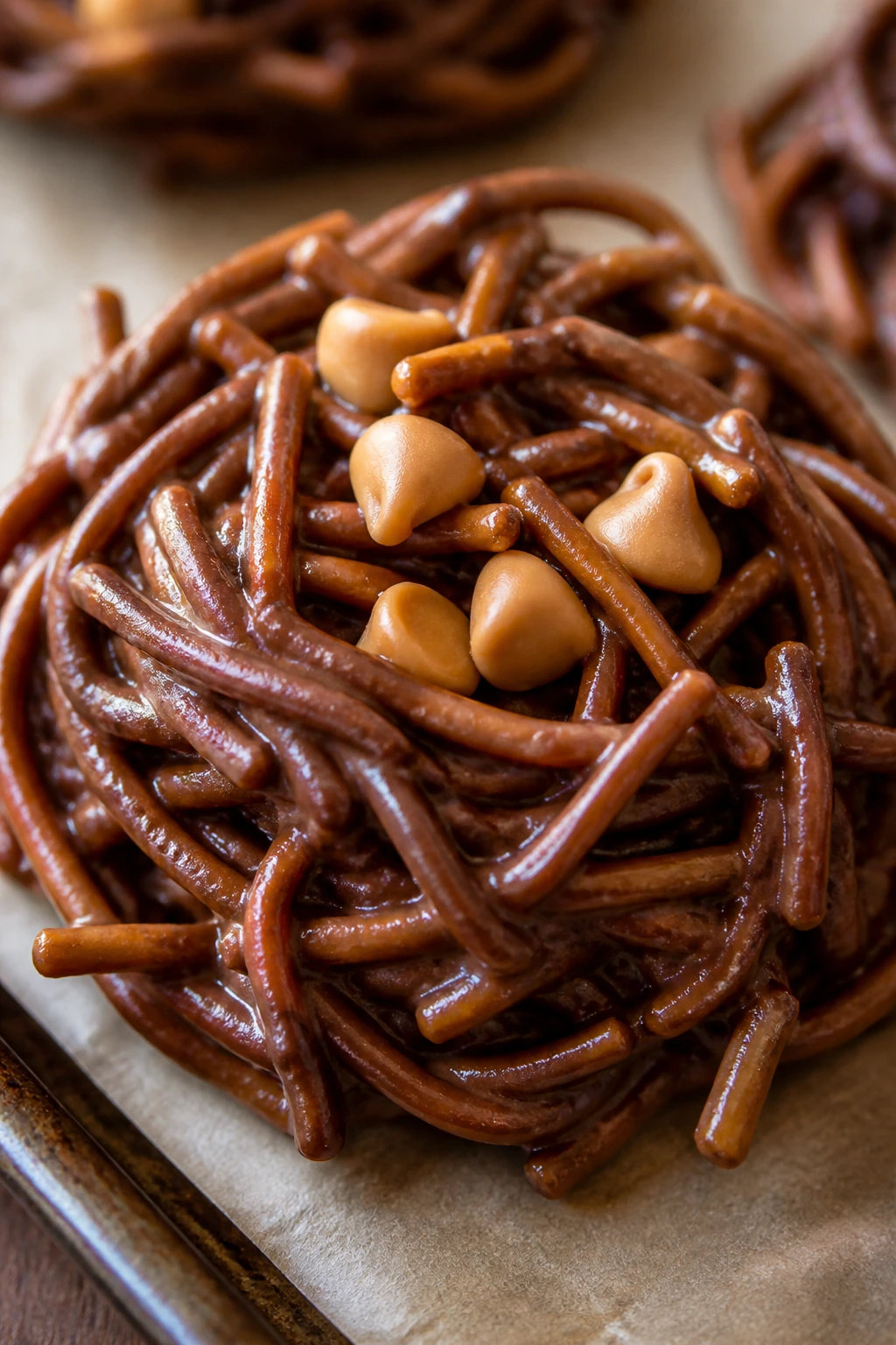 Close-up of a classic chow mein bird nest cookie on parchment