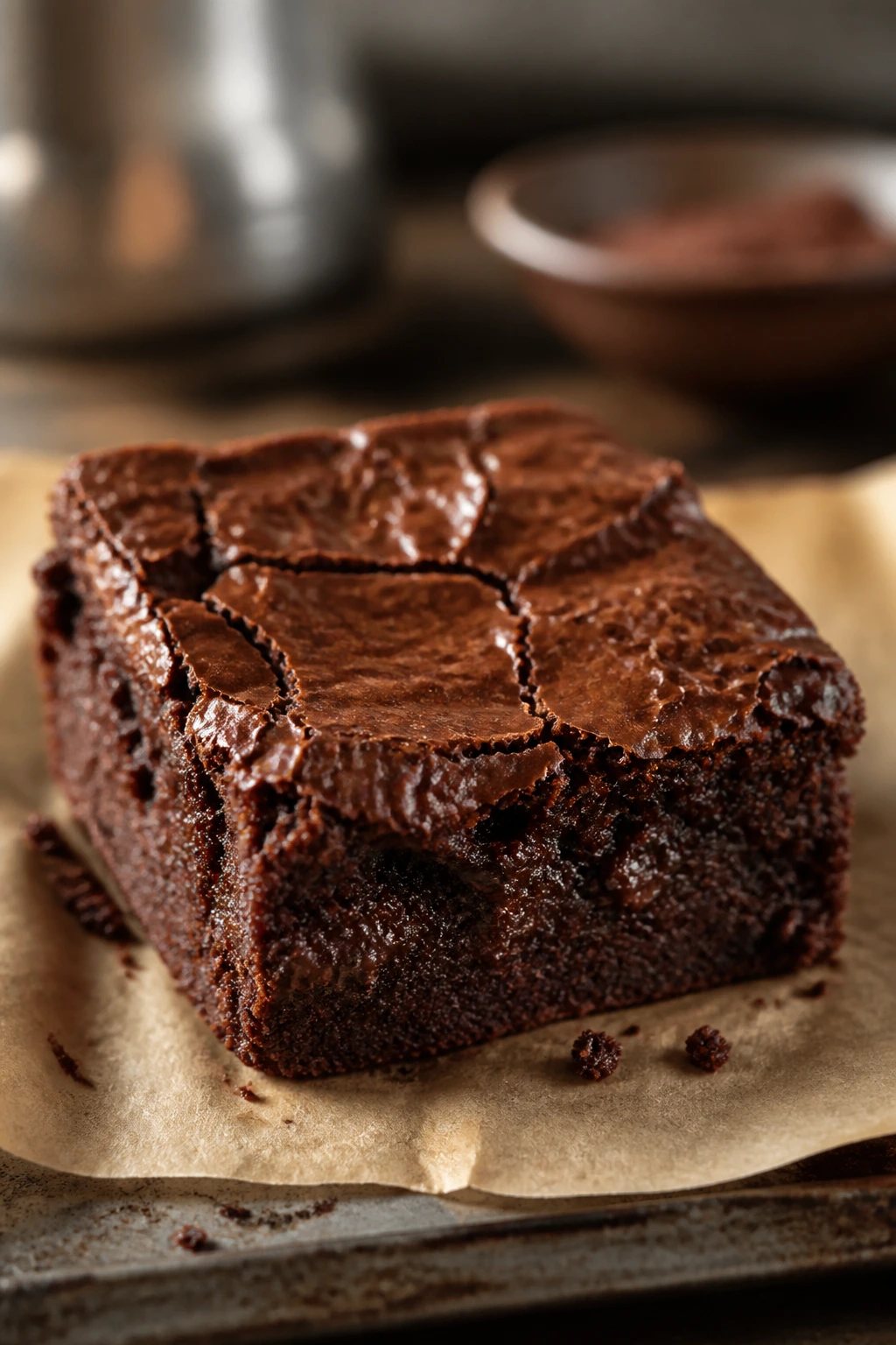 Dark classic cocoa fudgy brownie close-up