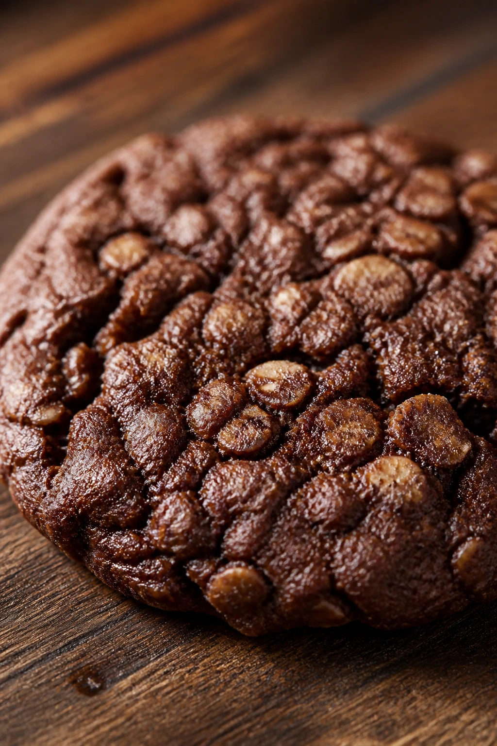 Close-up of a classic chewy cocoa oatmeal cookie on a wooden board
