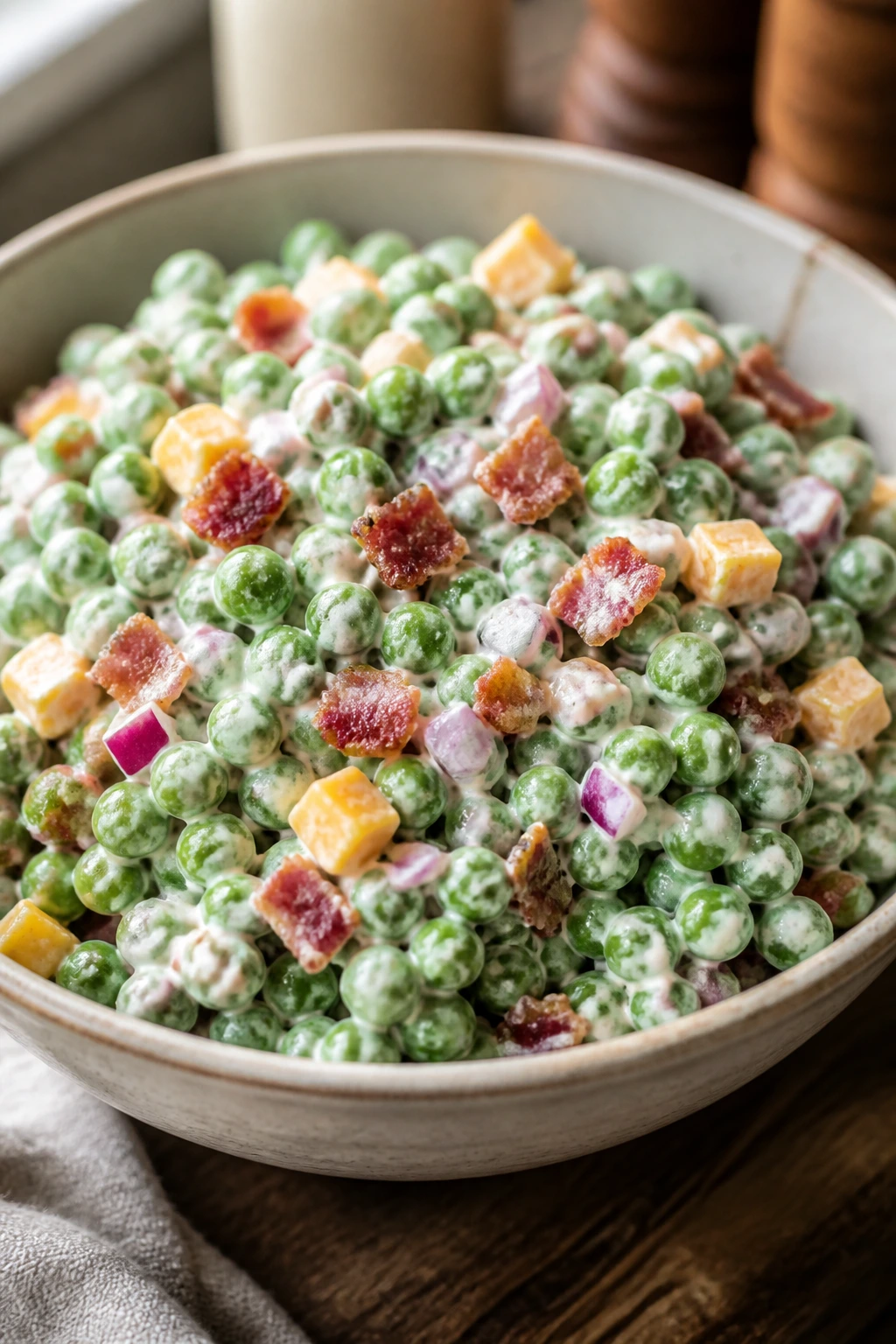 Close-up of Classic Creamy Pea Salad with bacon and cheddar in a creamy dressing
