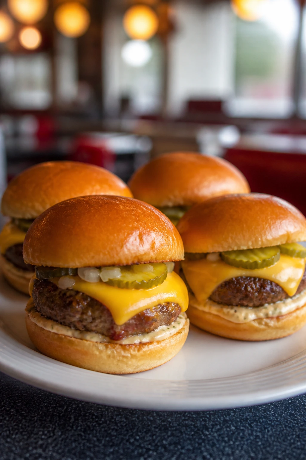 Close-up of four classic diner mini burgers with melted cheese and pickles