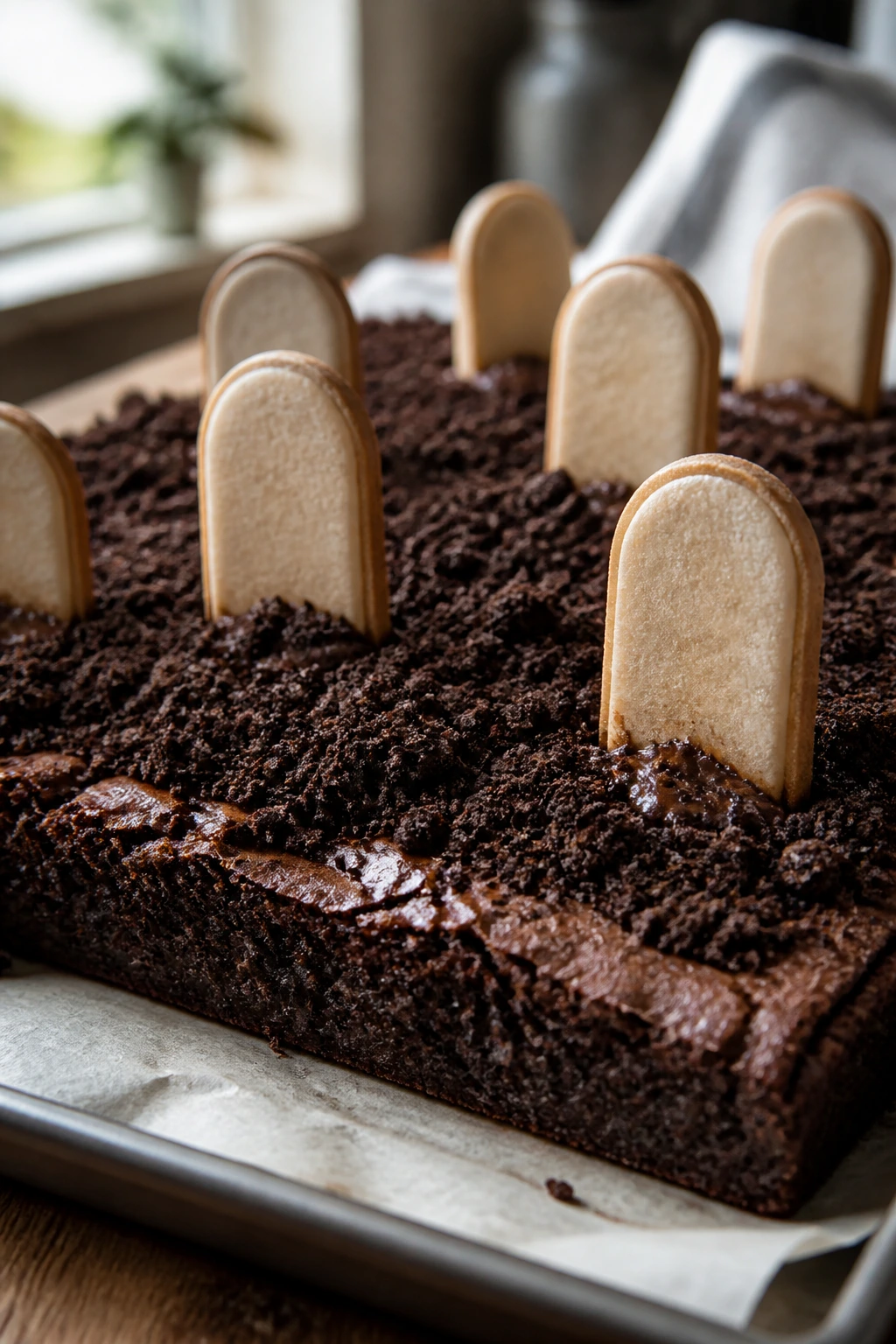 Classic fudgy brownie with cookie tombstones and soil on a tray