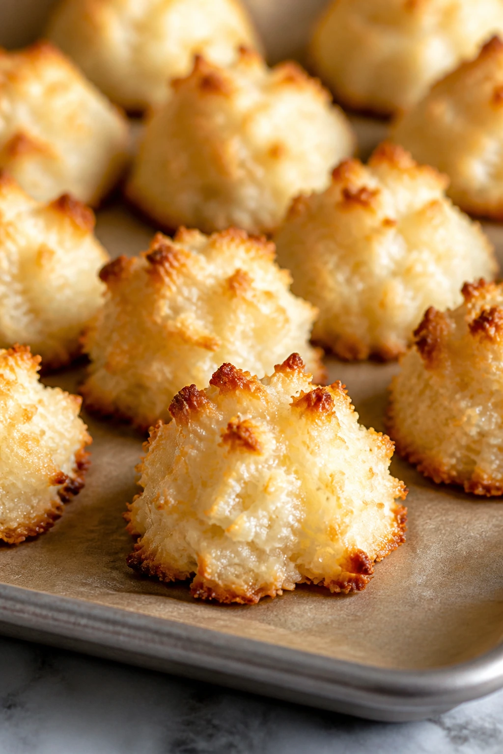 Chewy classic coconut macaroons on parchment ready to bake