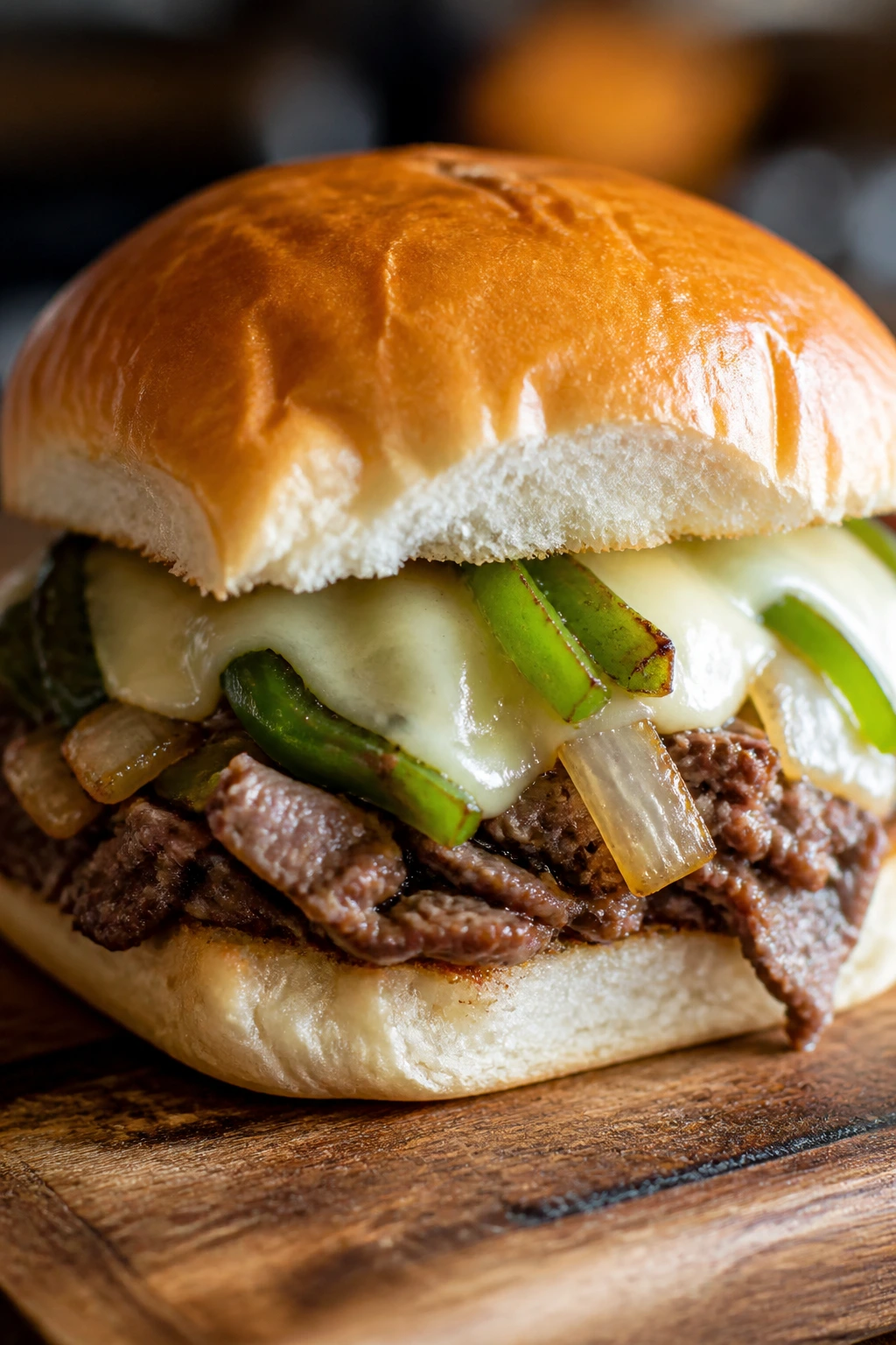 Provolone cheese slider with green pepper on a wooden board