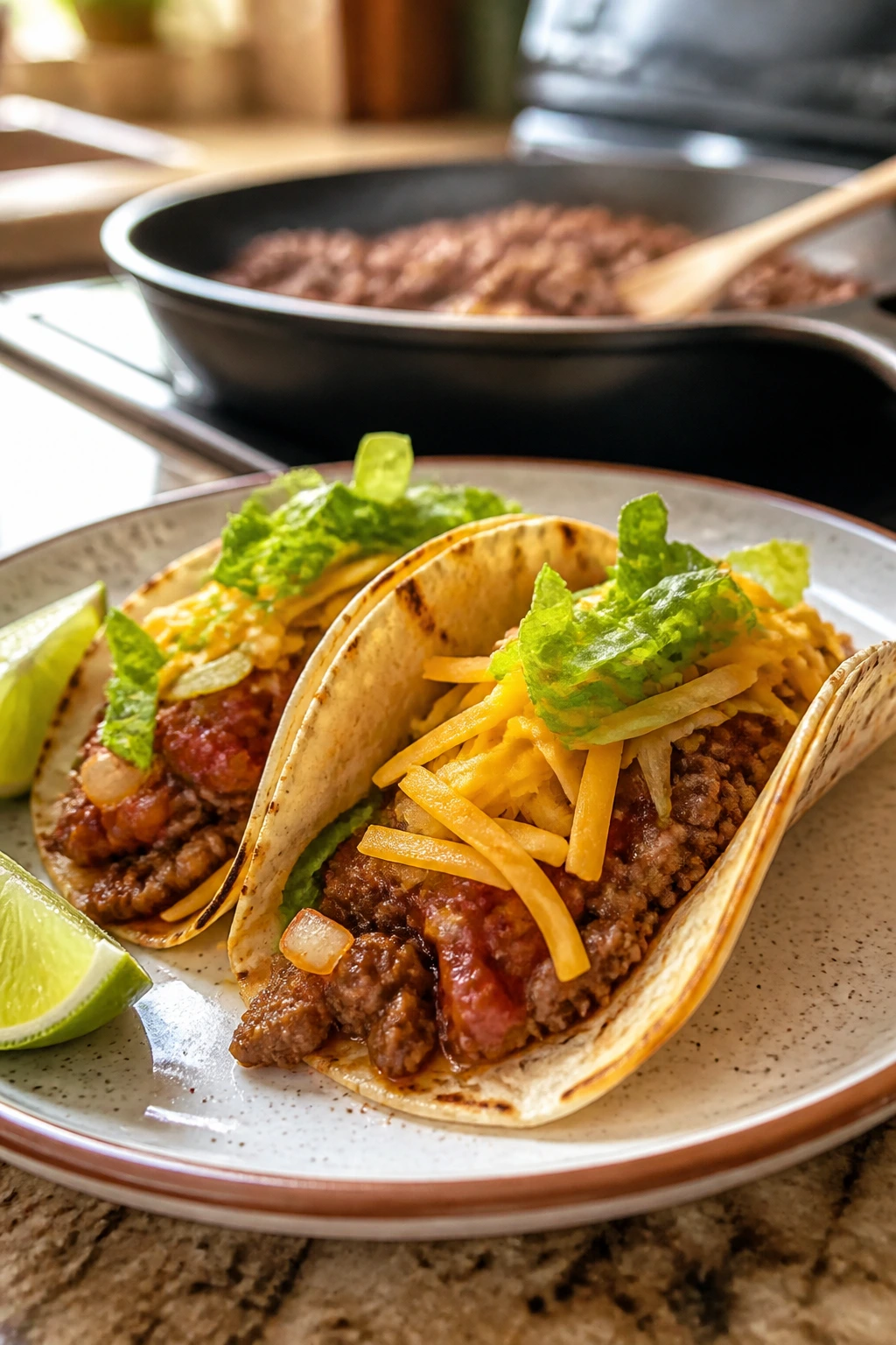 Close-up of Classic Skillet Beef Tacos plated with onions and cheese