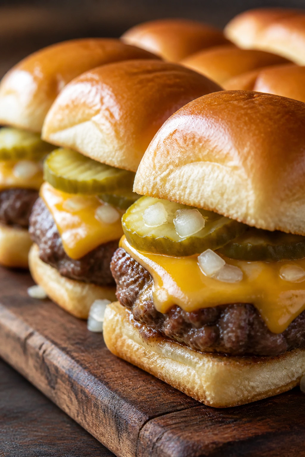 Close-up of classic cheeseburger sliders with pickles on wooden board