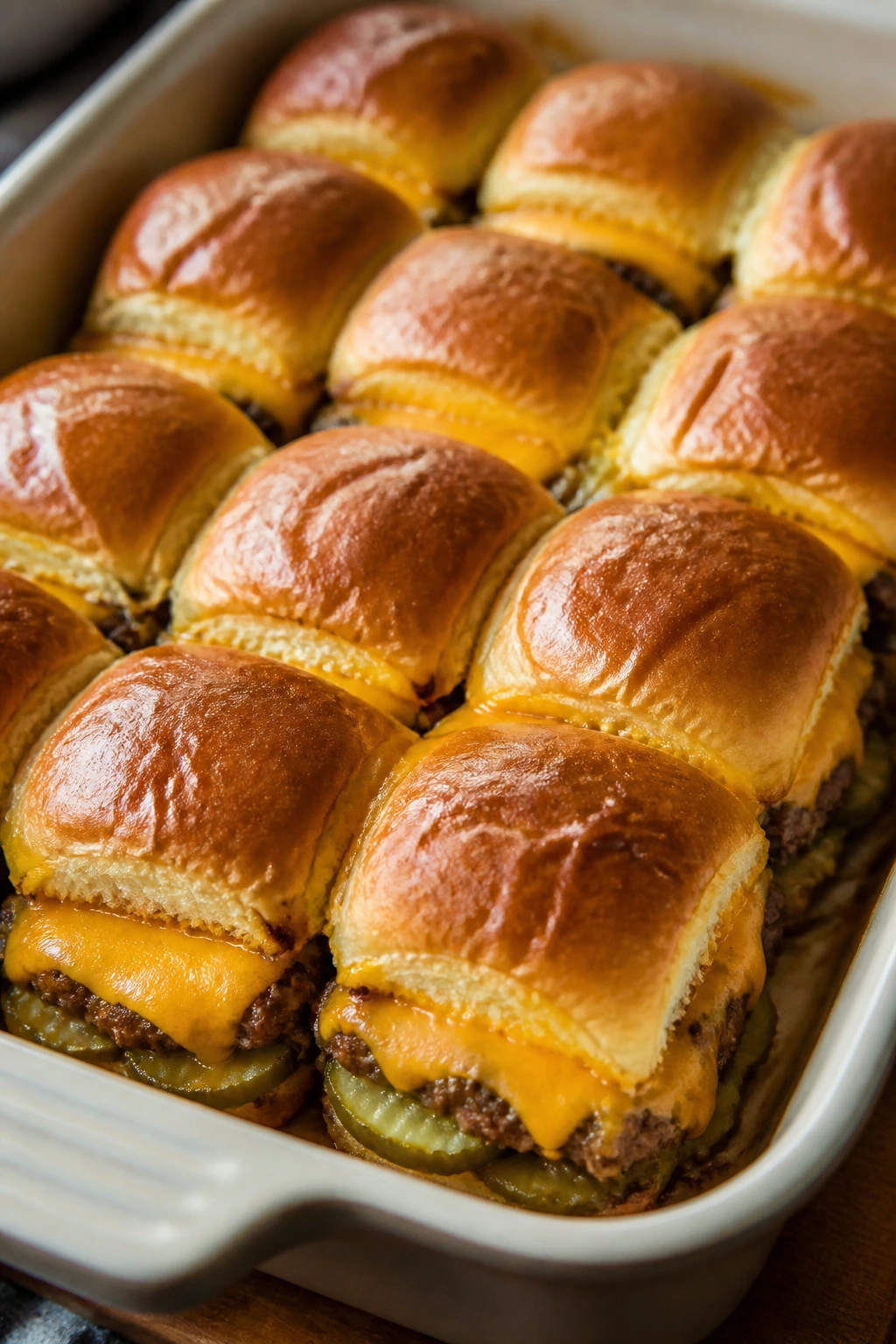 Classic oven-baked cheeseburger sliders with melted cheese in a baking dish