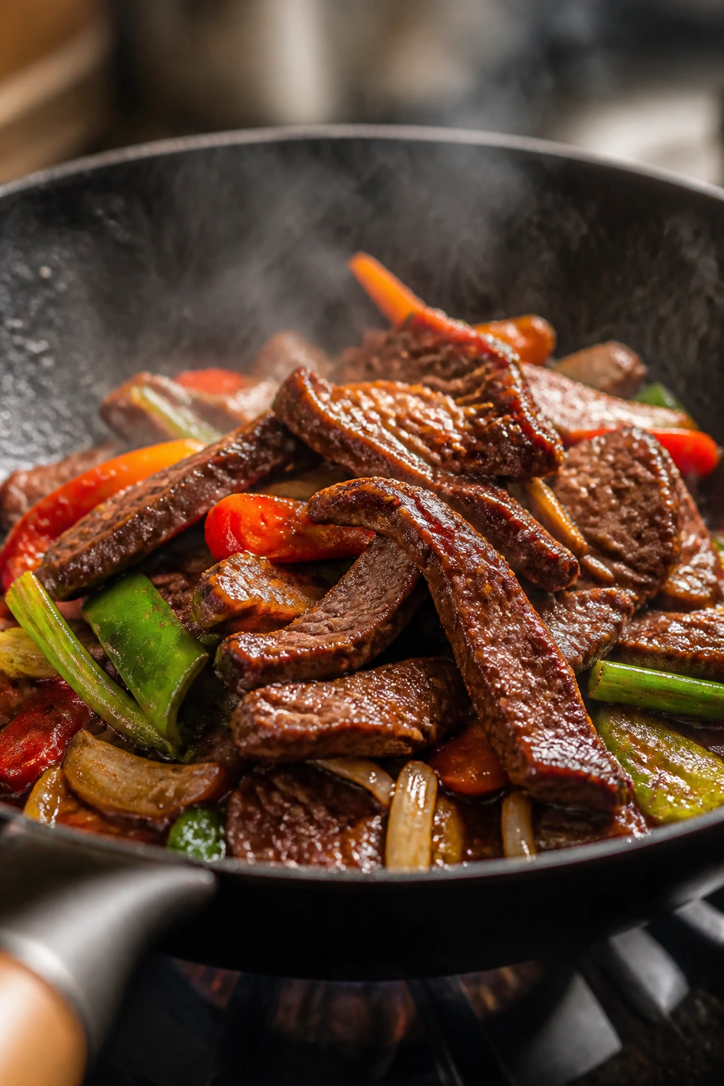 Beef browning in a hot wok with crisp vegetables and glossy sauce