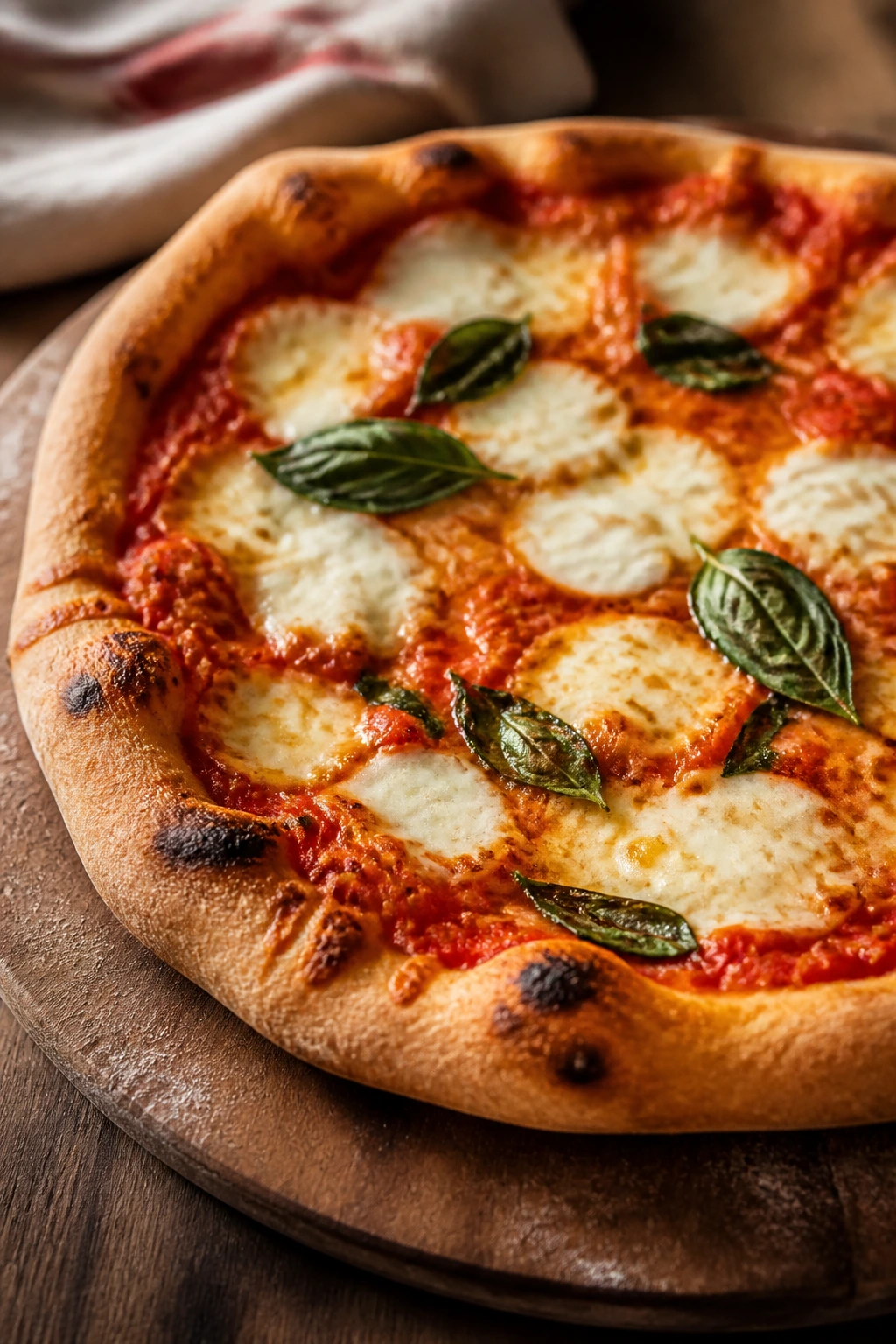 Finished whole wheat pizza on a wooden board with basil
