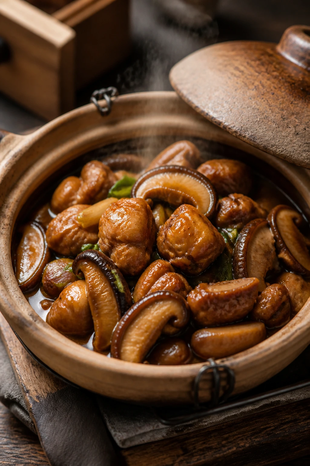 Clay pot with braised chicken and mushrooms in sauce