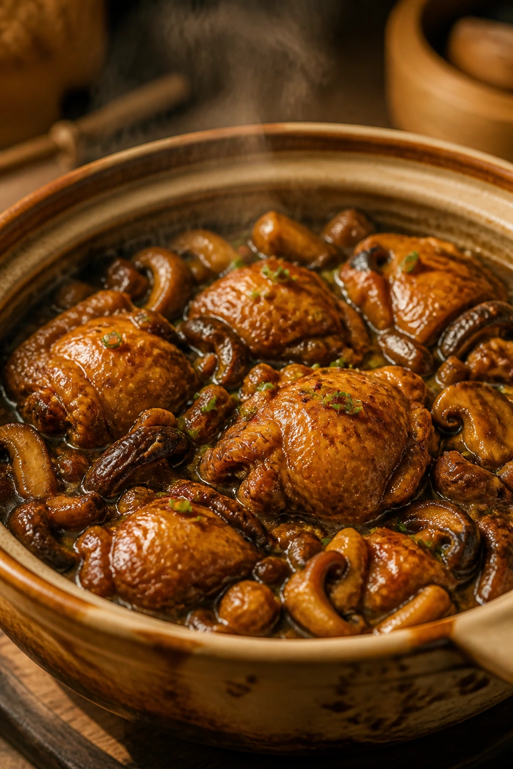 Clay pot chicken with mushrooms in glossy braising sauce with steam.