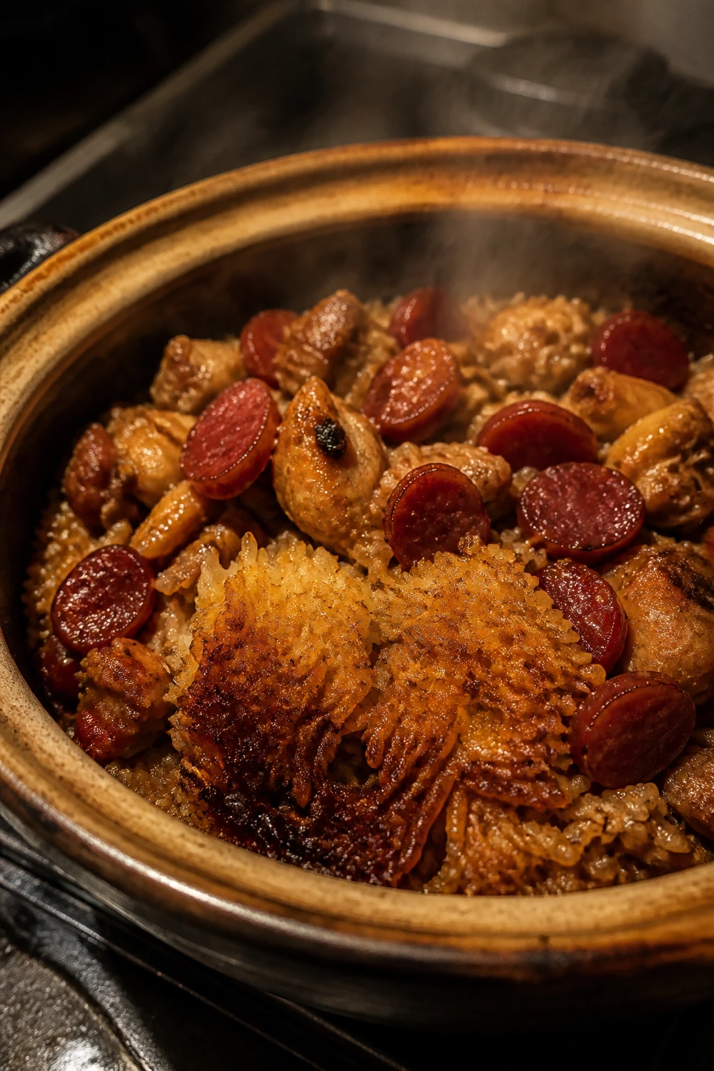 Close-up of clay pot rice with chicken and sausage